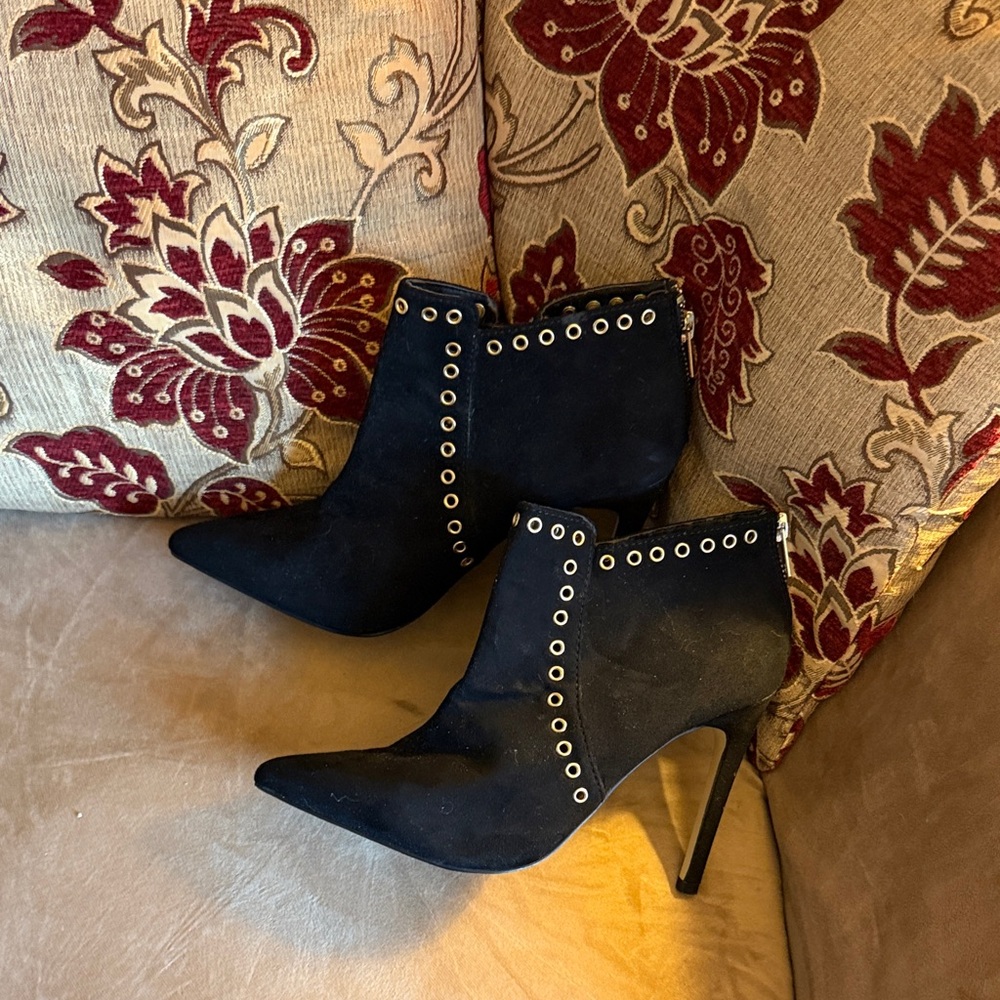 3/$15 Izabella Rue Suede Black Stiletto Heeled Ankle Boots with Gold Accents - Picture 3 of 6